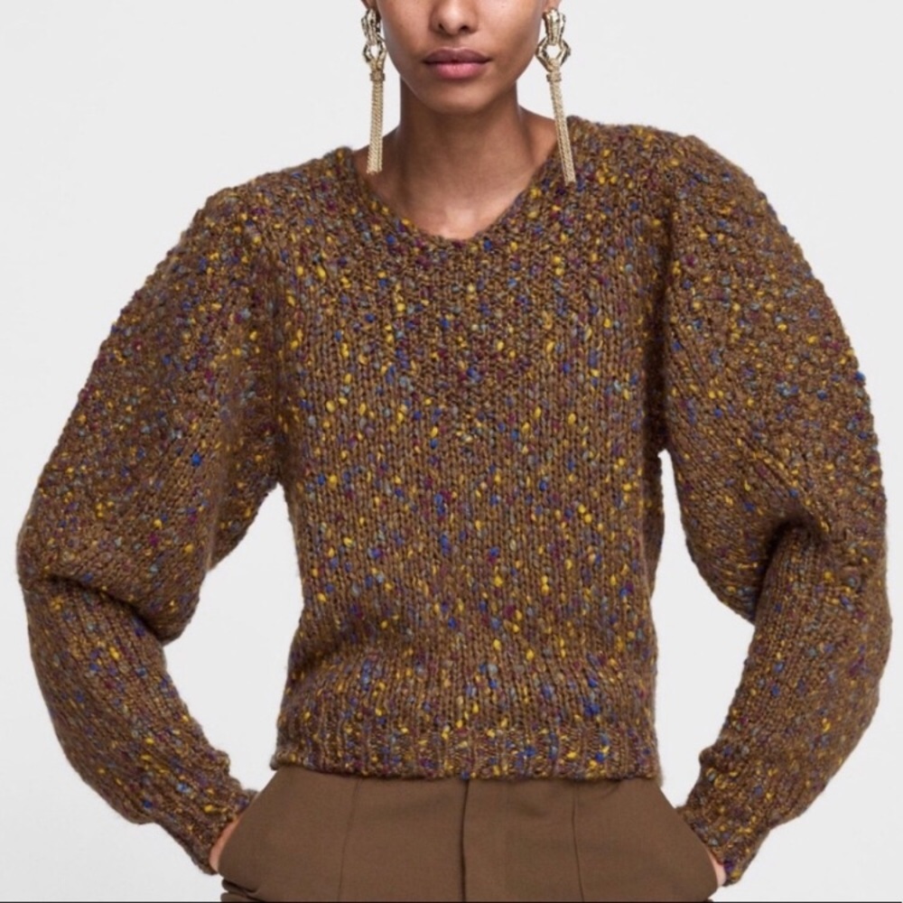 Zara Brown multicolor puff sleeve sweater